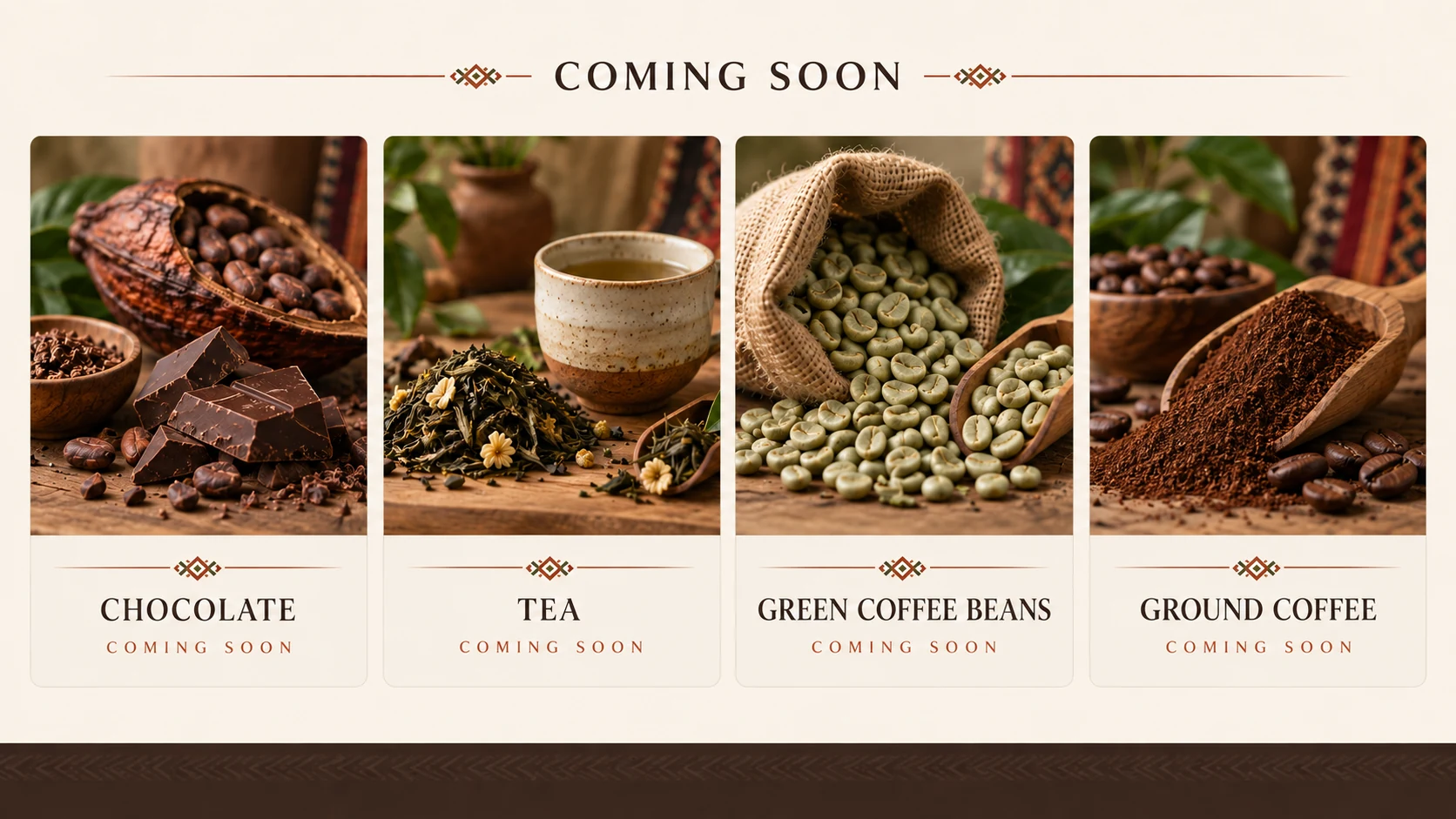 Coming soon from Woven Bean Coffee: Chocolate, Tea, Green Coffee Beans, and Ground Coffee